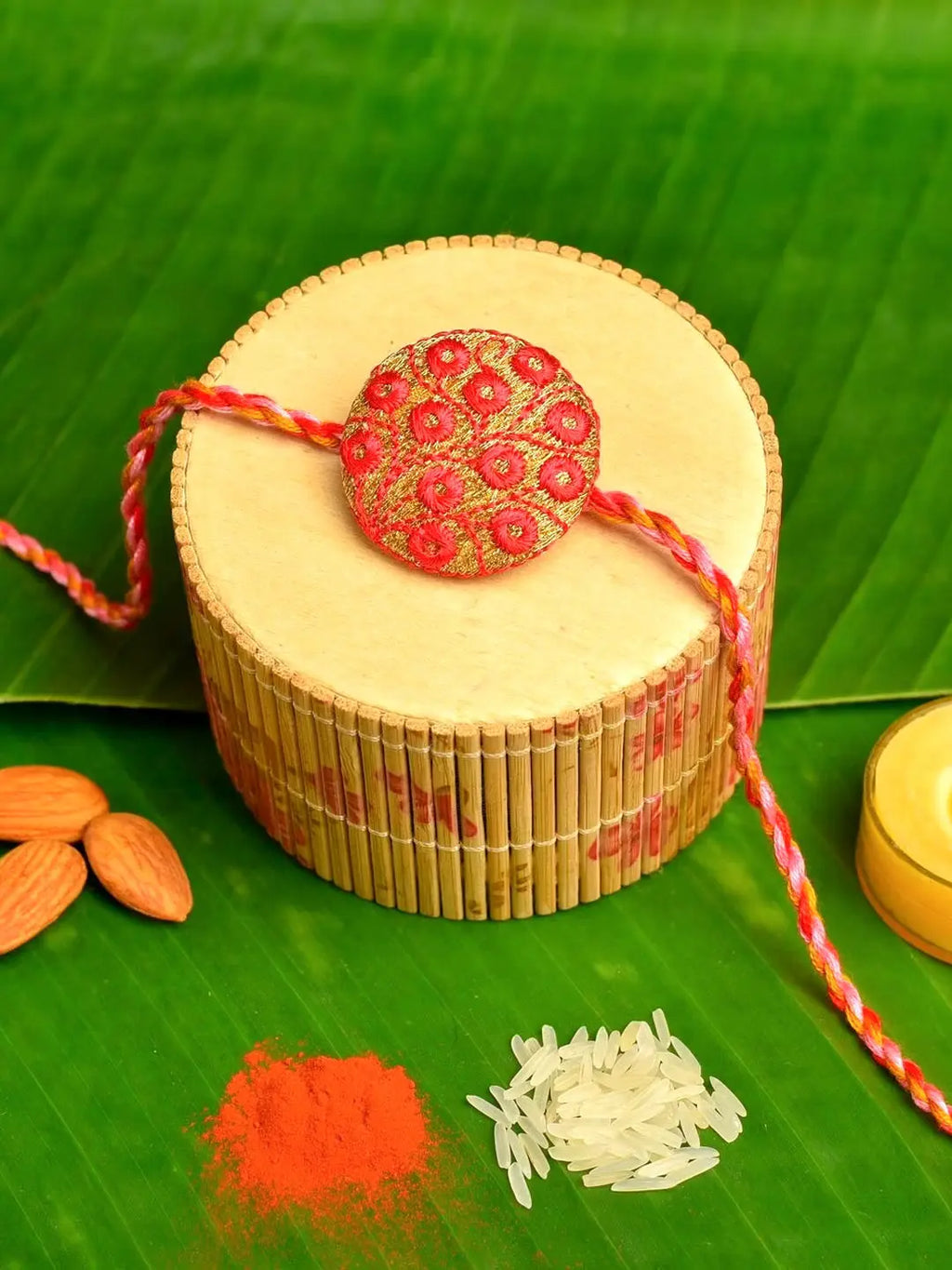Handmade Peach Golden Embroidery Designer Rakhi With Roli And Chawal for Brothers - Lookandadorn.com