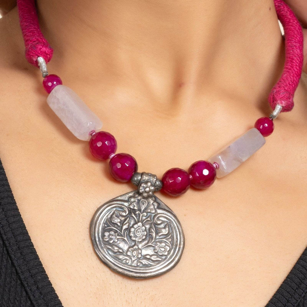 Handcrafted Silver Jewelry: 92.5 Pure Silver Floral Pendant Necklace with Pink Onyx & Purple Agate - Lookandadorn.com