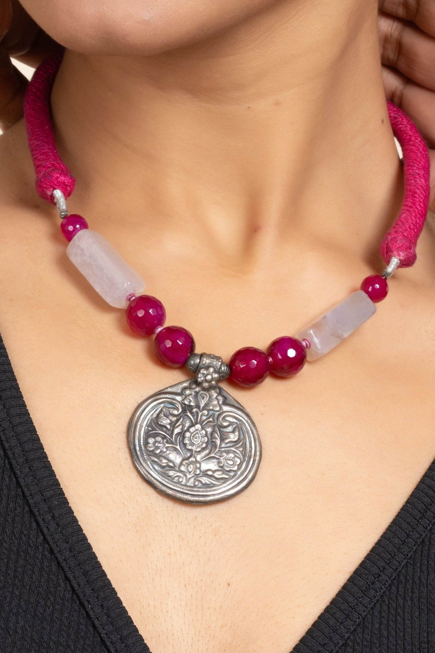 Handcrafted Silver Jewelry: 92.5 Pure Silver Floral Pendant Necklace with Pink Onyx & Purple Agate - Lookandadorn.com