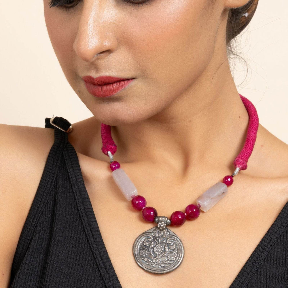 Handcrafted Silver Jewelry: 92.5 Pure Silver Floral Pendant Necklace with Pink Onyx & Purple Agate - Lookandadorn.com