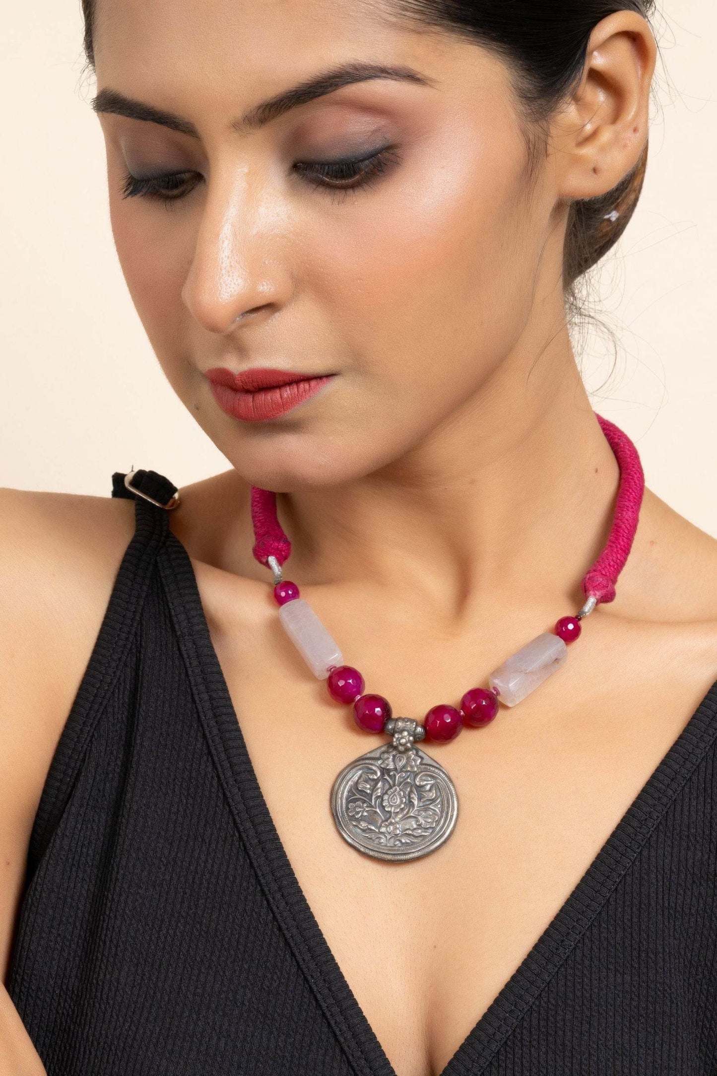 Handcrafted Silver Jewelry: 92.5 Pure Silver Floral Pendant Necklace with Pink Onyx & Purple Agate - Lookandadorn.com
