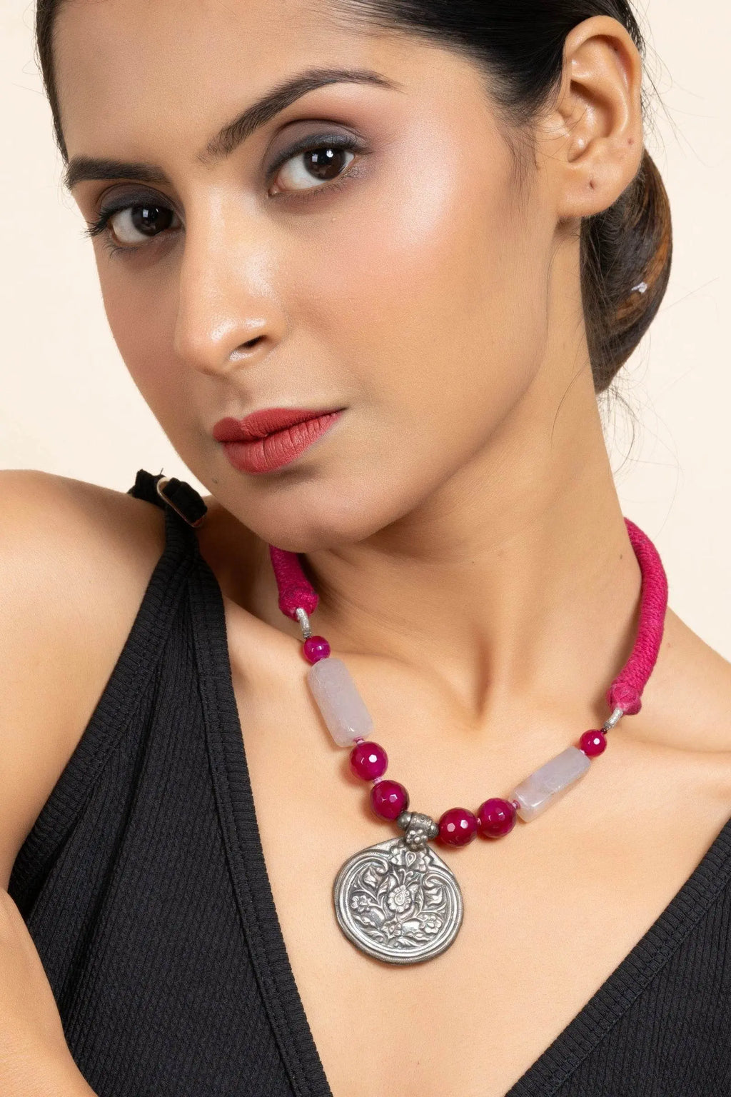 Handcrafted Silver Jewelry: 92.5 Pure Silver Floral Pendant Necklace with Pink Onyx & Purple Agate - Lookandadorn.com