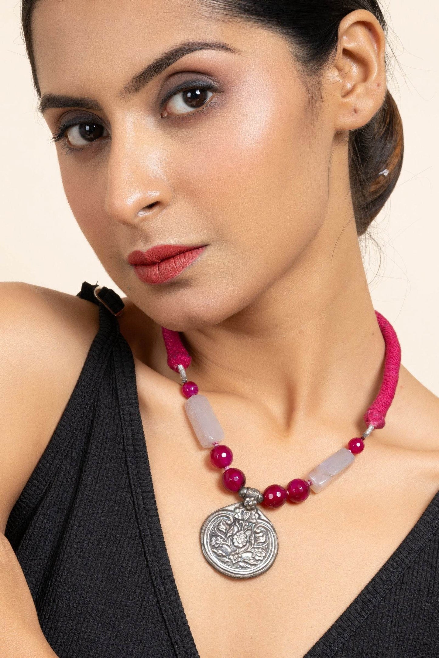 Handcrafted Silver Jewelry: 92.5 Pure Silver Floral Pendant Necklace with Pink Onyx & Purple Agate - Lookandadorn.com