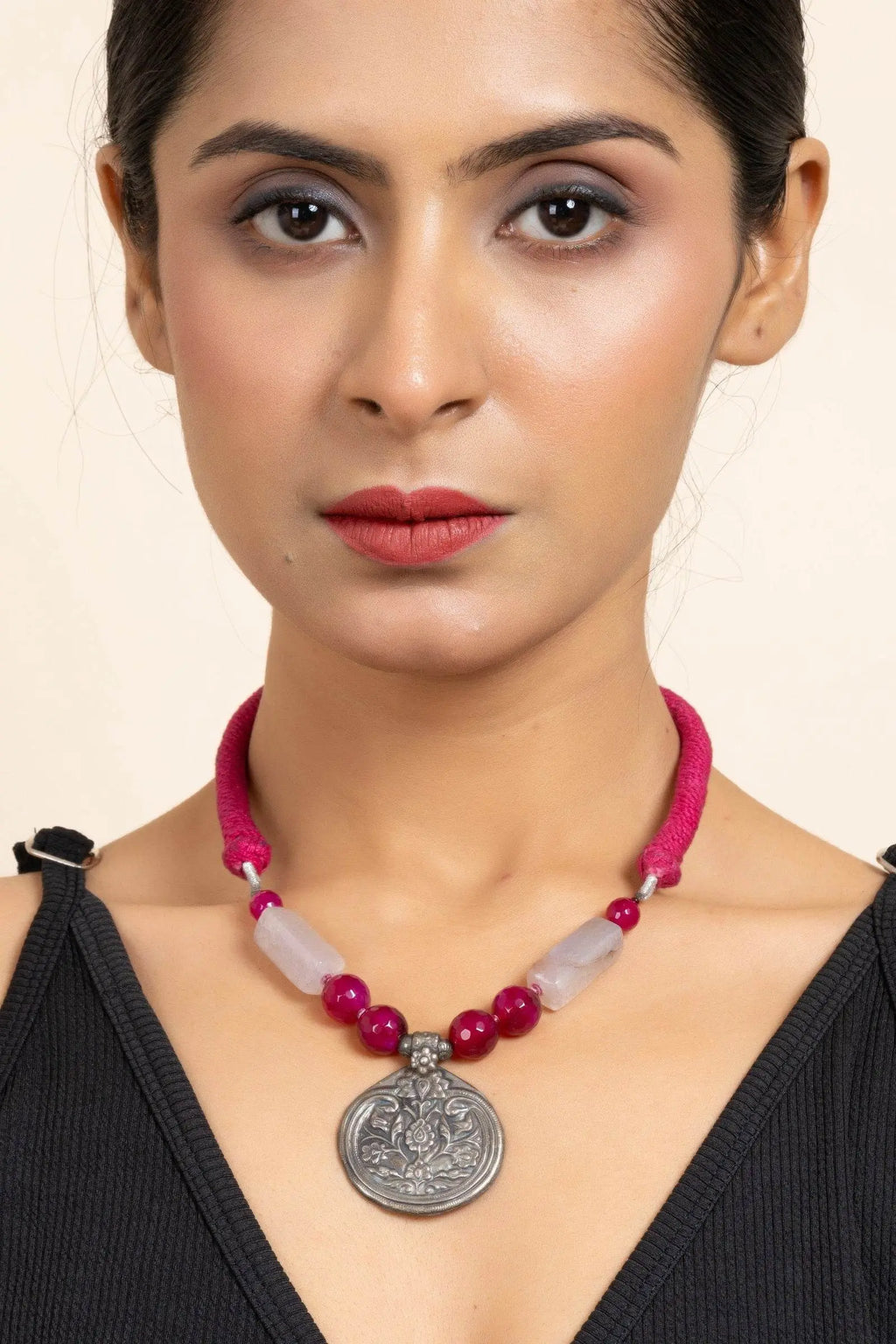 Handcrafted Silver Jewelry: 92.5 Pure Silver Floral Pendant Necklace with Pink Onyx & Purple Agate - Lookandadorn.com