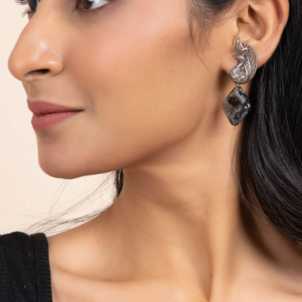 92.5 Pure Silver Peacock Stud Earrings with Elegant Semi-Precious Onyx Stone Accent - Lookandadorn.com