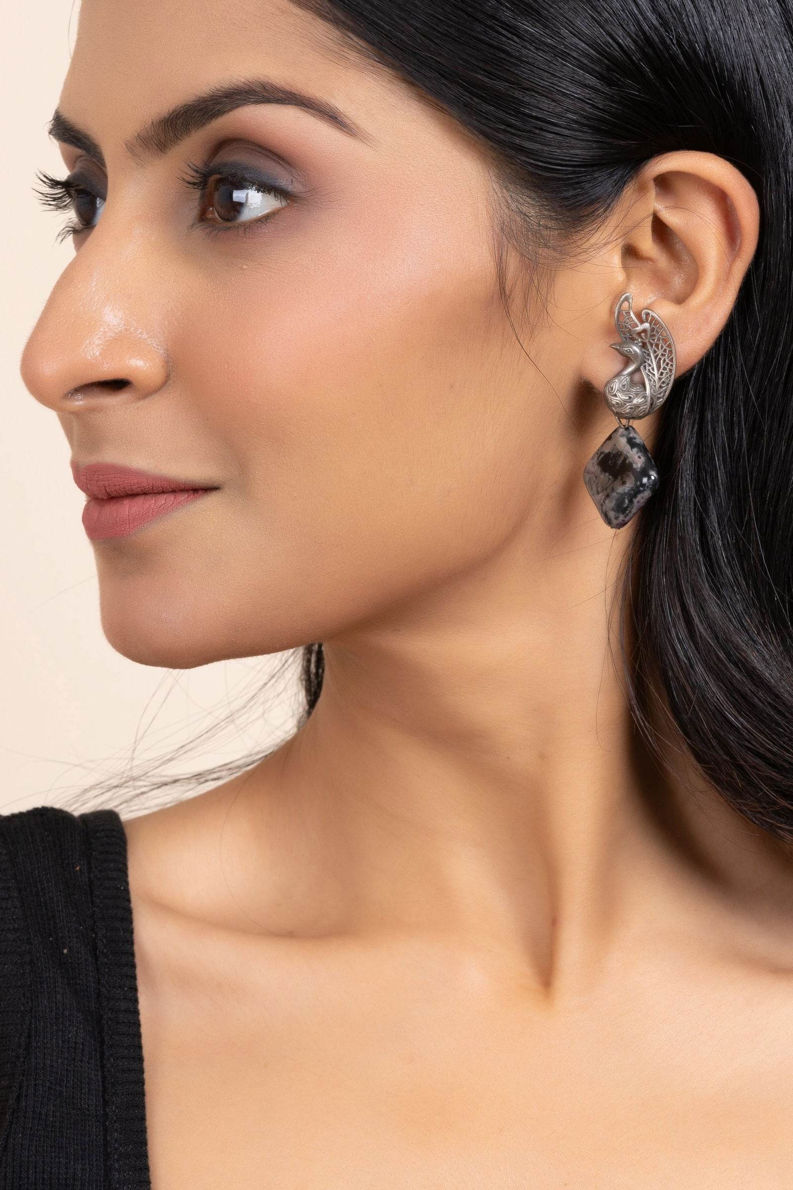 92.5 Pure Silver Peacock Stud Earrings with Elegant Semi-Precious Onyx Stone Accent - Lookandadorn.com