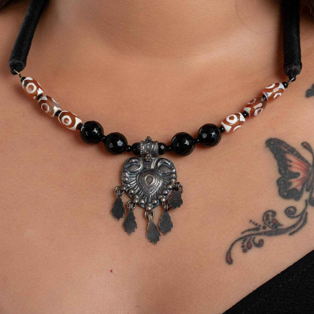 Handcrafted Silver Jewelry: 92.5 Pure Silver Pendant with Onyx Agate Stone Neckpiece and Adjustable Black Dori - Lookandadorn.com