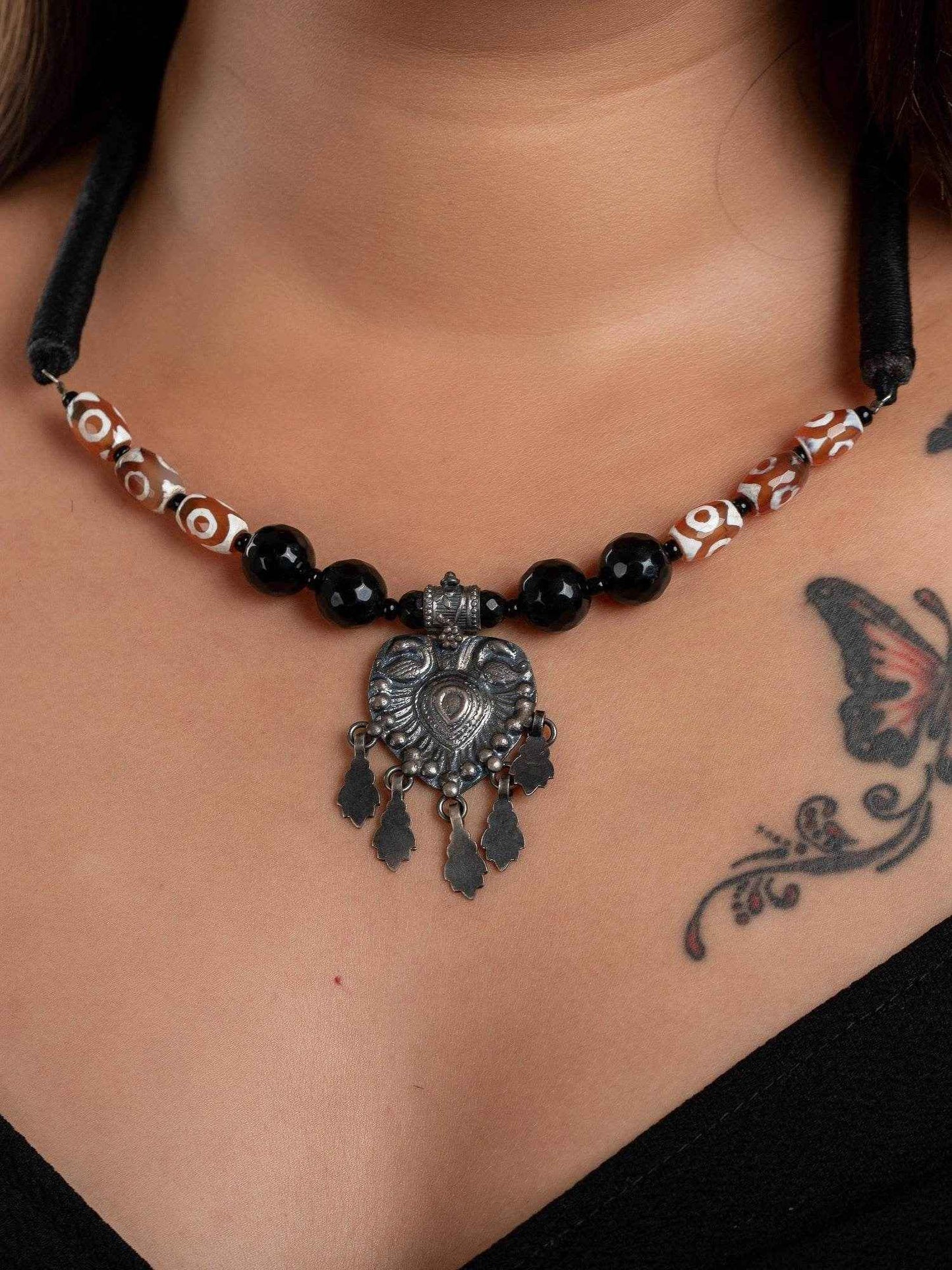 Handcrafted Silver Jewelry: 92.5 Pure Silver Pendant with Onyx Agate Stone Neckpiece and Adjustable Black Dori - Lookandadorn.com