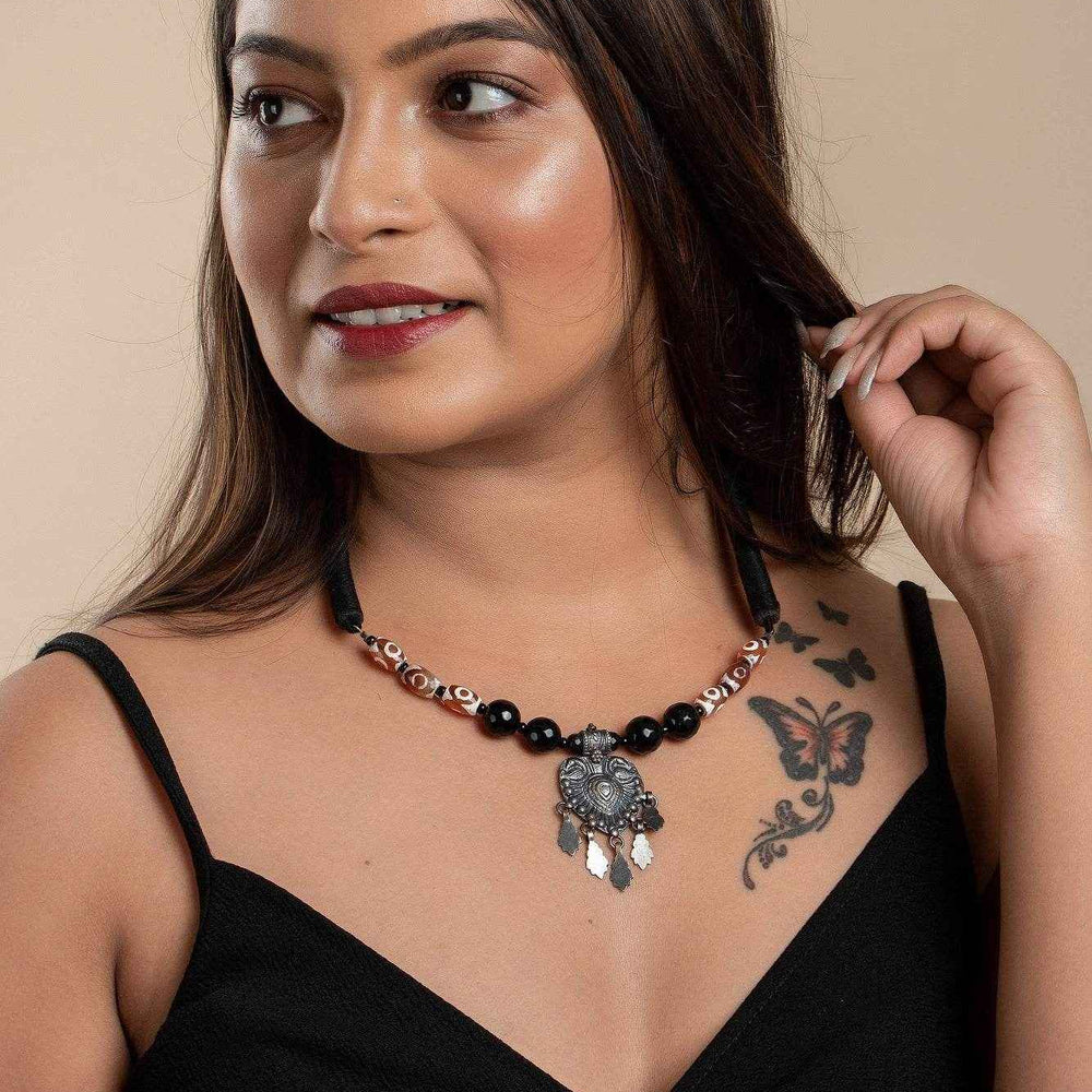 Handcrafted Silver Jewelry: 92.5 Pure Silver Pendant with Onyx Agate Stone Neckpiece and Adjustable Black Dori - Lookandadorn.com