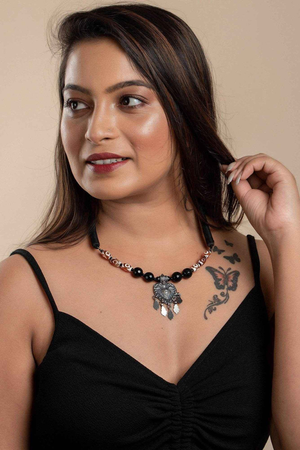 Handcrafted Silver Jewelry: 92.5 Pure Silver Pendant with Onyx Agate Stone Neckpiece and Adjustable Black Dori - Lookandadorn.com