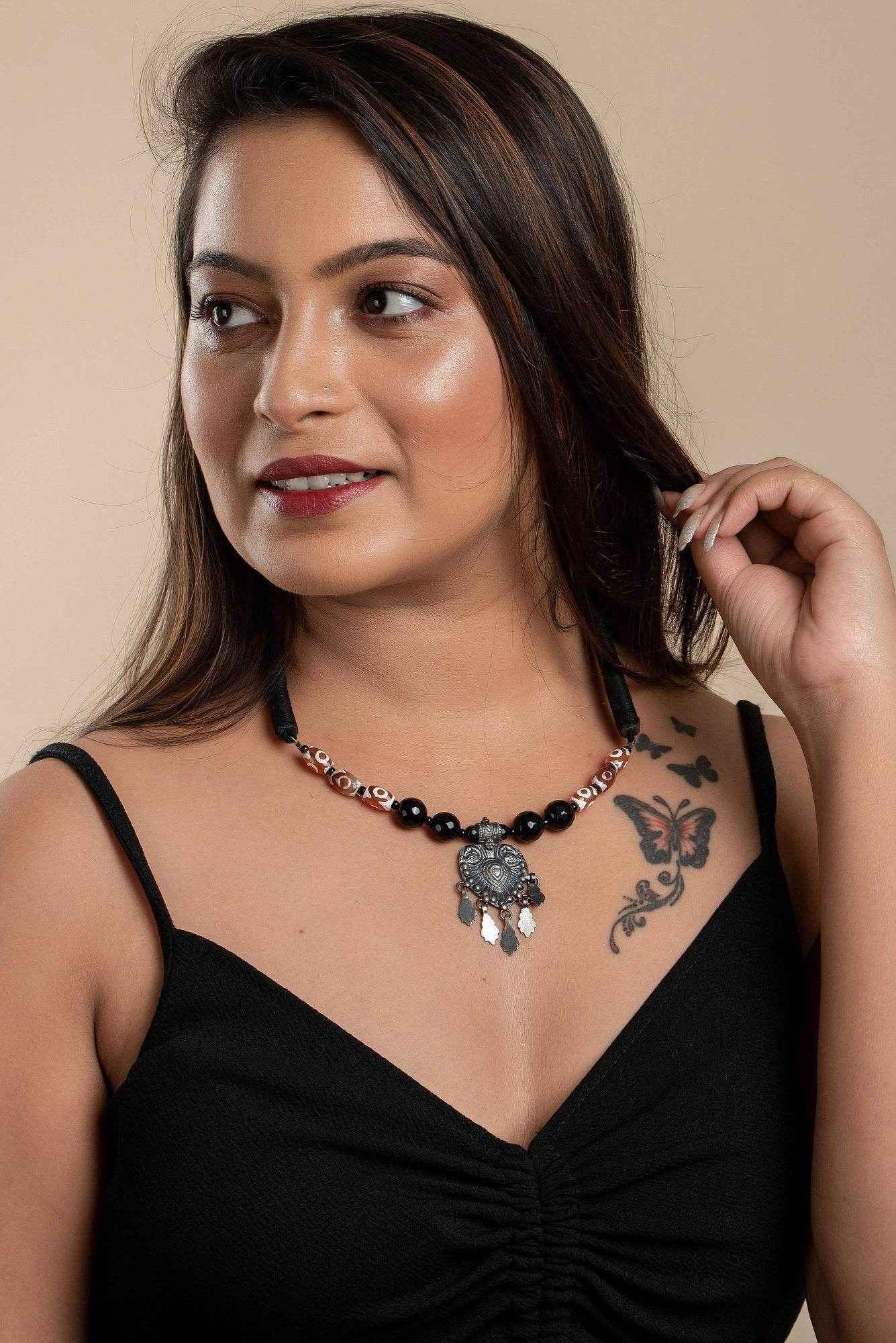 Handcrafted Silver Jewelry: 92.5 Pure Silver Pendant with Onyx Agate Stone Neckpiece and Adjustable Black Dori - Lookandadorn.com