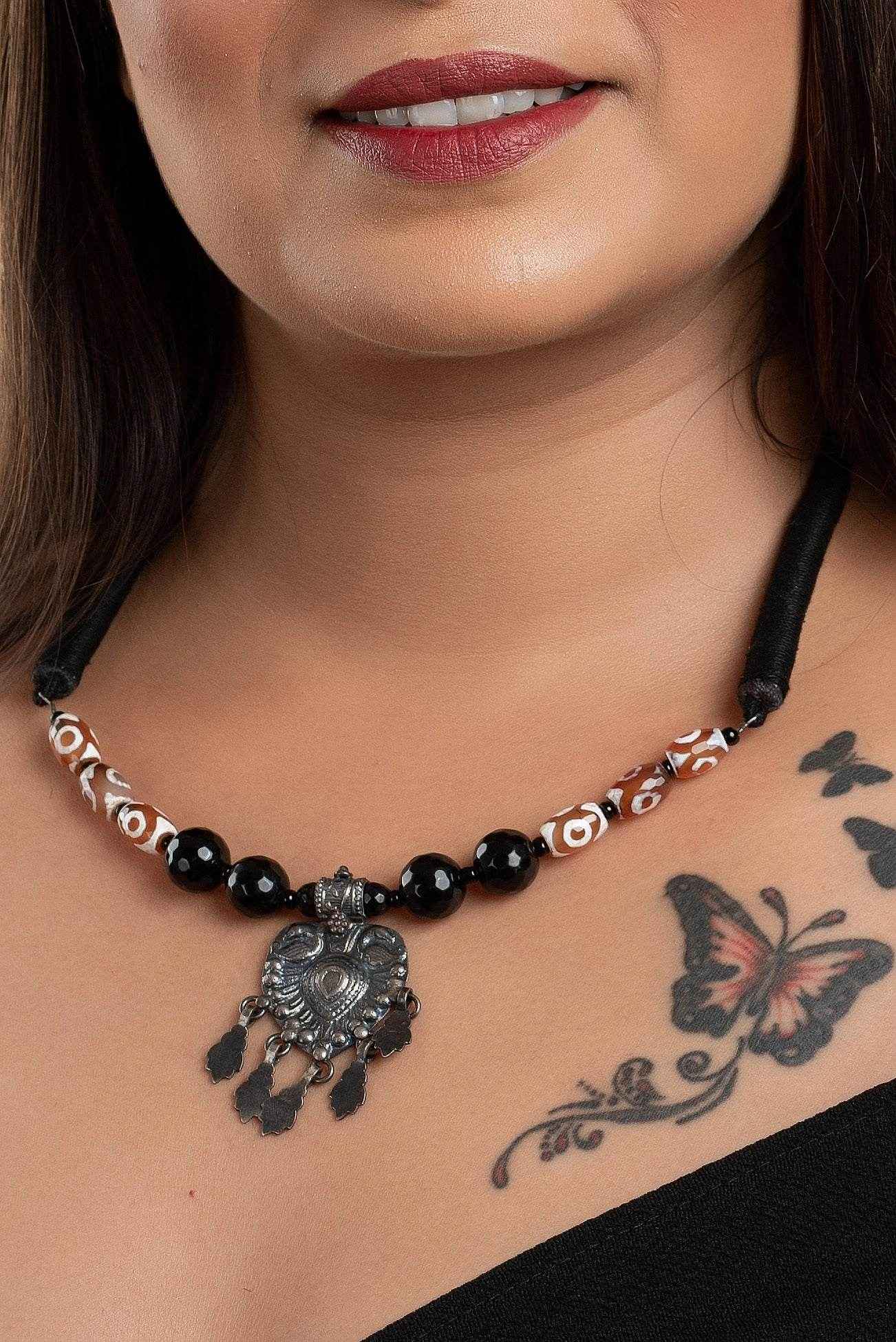 Handcrafted Silver Jewelry: 92.5 Pure Silver Pendant with Onyx Agate Stone Neckpiece and Adjustable Black Dori - Lookandadorn.com