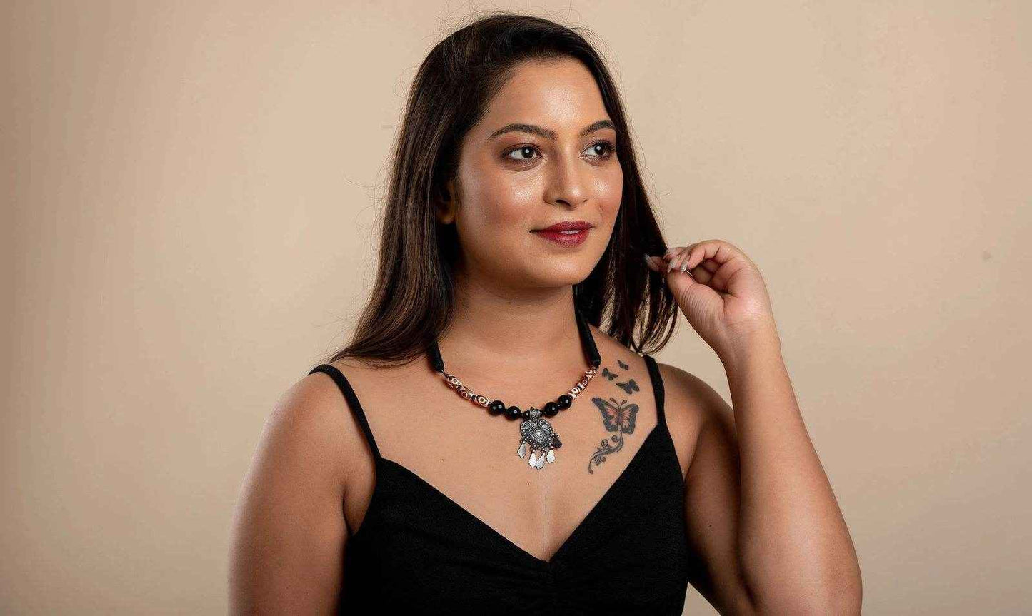 Handcrafted Silver Jewelry: 92.5 Pure Silver Pendant with Onyx Agate Stone Neckpiece and Adjustable Black Dori - Lookandadorn.com