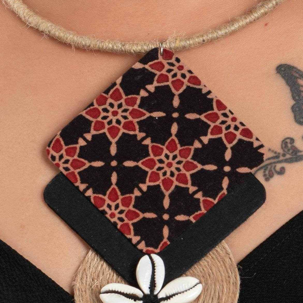 Ajrakh Fabric Jute Cowrie Necklace - Handcrafted Cotton Jewelry for Women and Girls, Lightweight and Stylish - Lookandadorn.com