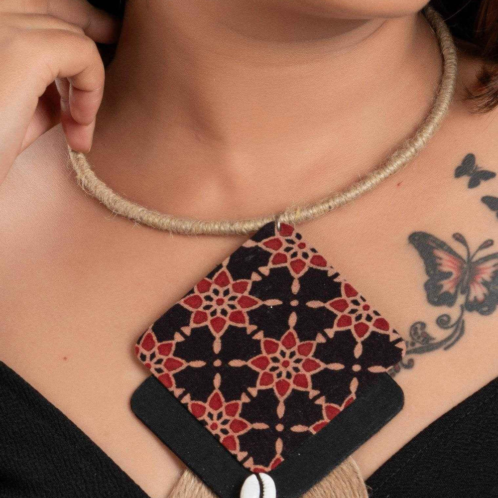 Ajrakh Fabric Jute Cowrie Necklace - Handcrafted Cotton Jewelry for Women and Girls, Lightweight and Stylish - Lookandadorn.com