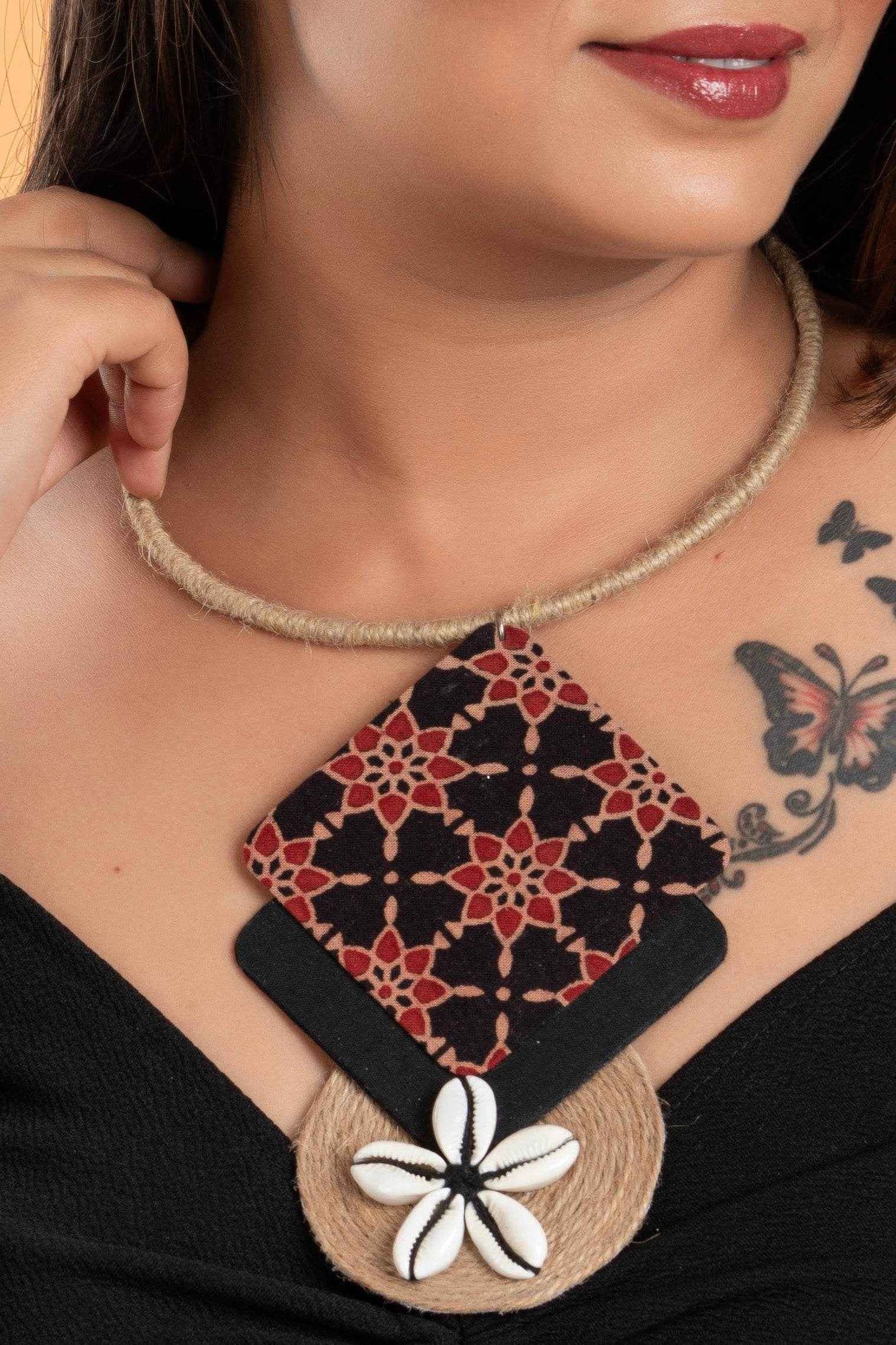 Ajrakh Fabric Jute Cowrie Necklace - Handcrafted Cotton Jewelry for Women and Girls, Lightweight and Stylish - Lookandadorn.com