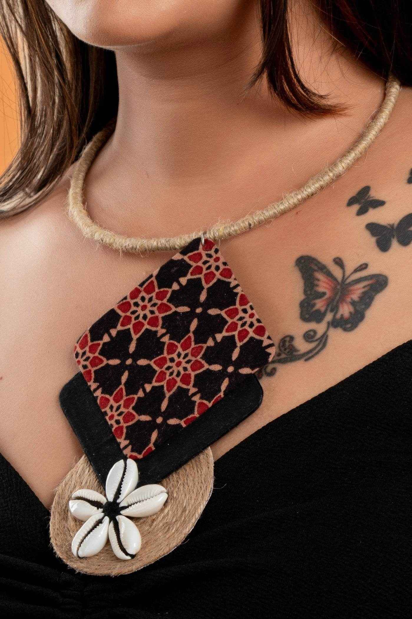 Ajrakh Fabric Jute Cowrie Necklace - Handcrafted Cotton Jewelry for Women and Girls, Lightweight and Stylish - Lookandadorn.com