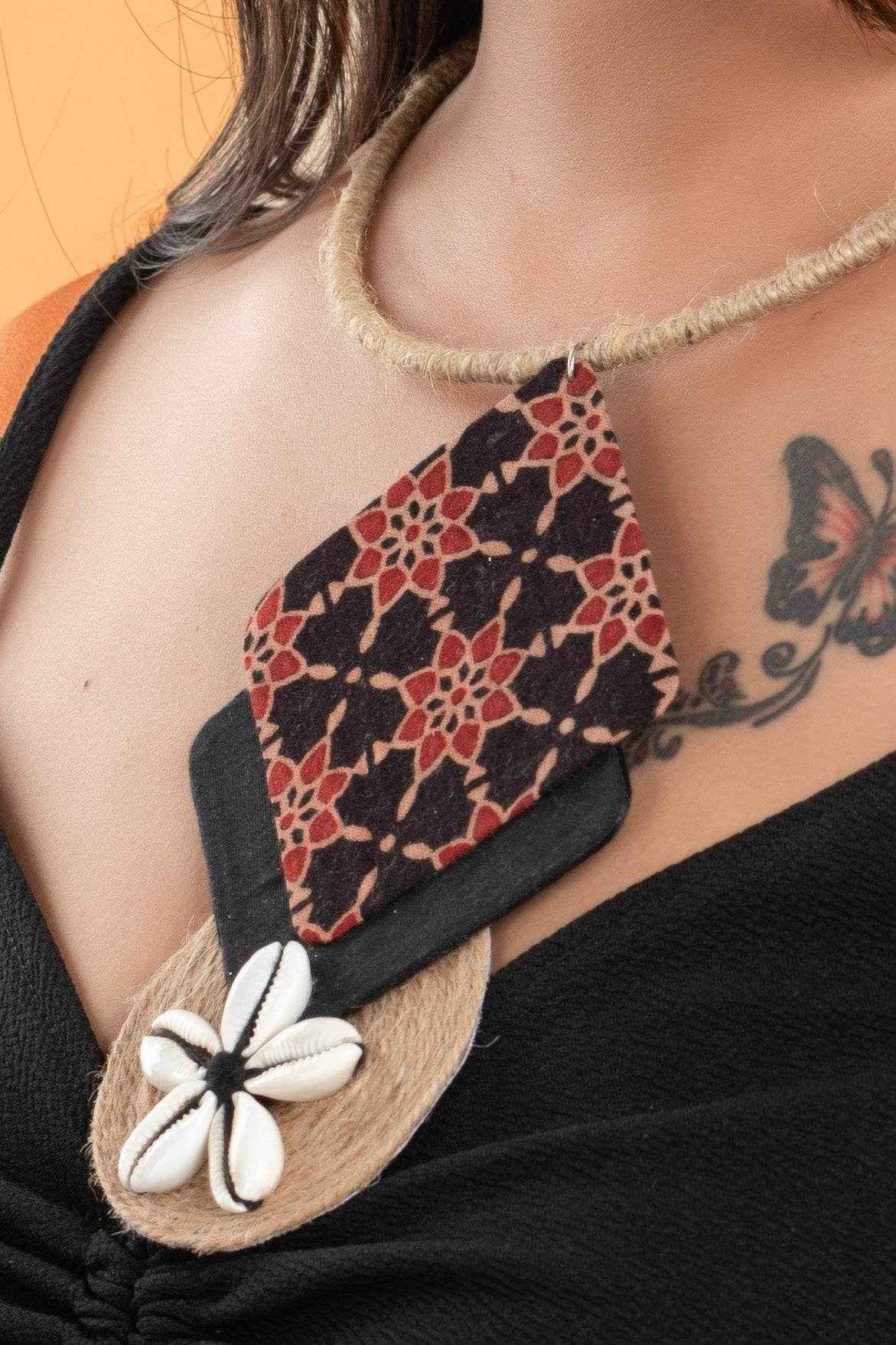 Ajrakh Fabric Jute Cowrie Necklace - Handcrafted Cotton Jewelry for Women and Girls, Lightweight and Stylish - Lookandadorn.com