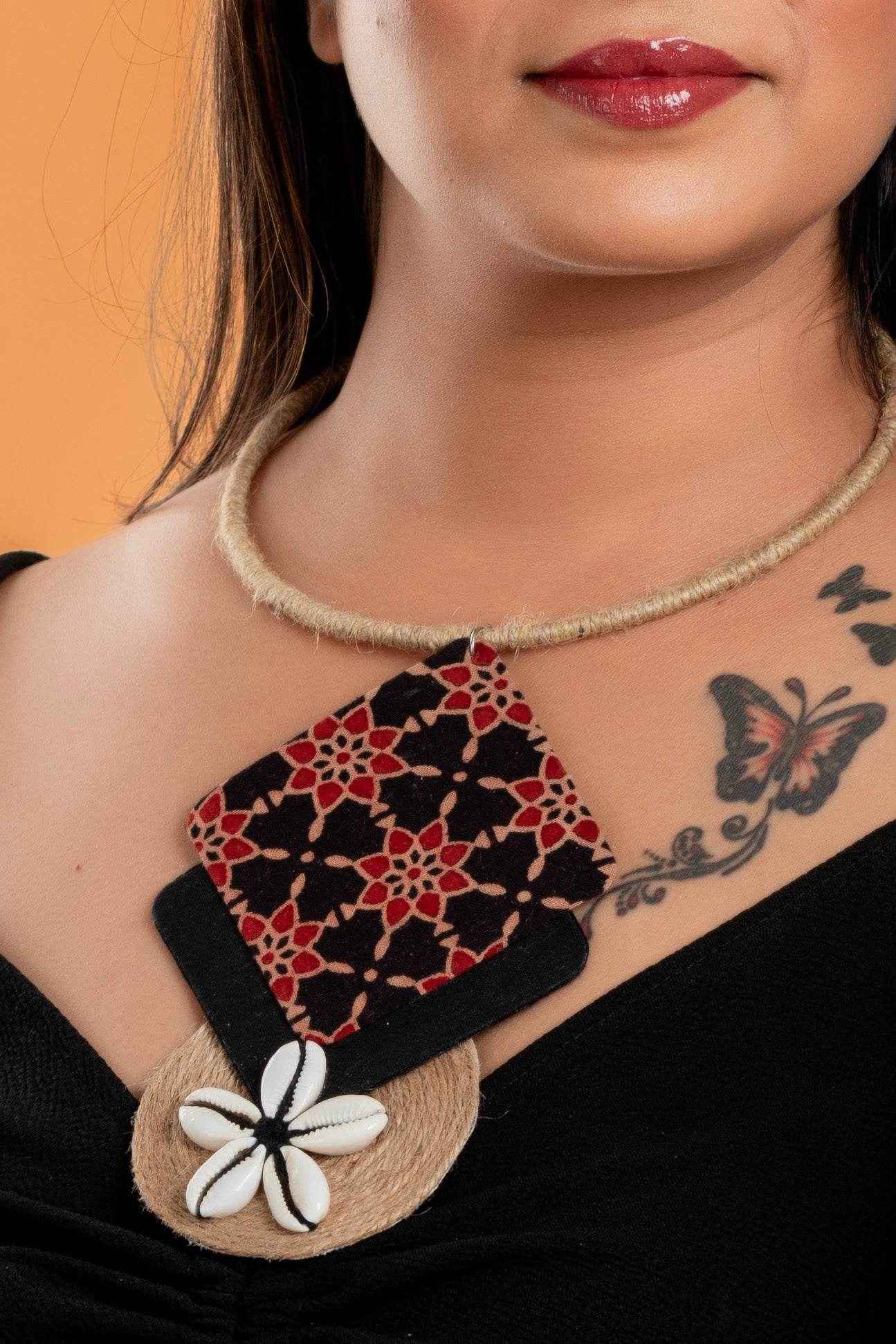 Ajrakh Fabric Jute Cowrie Necklace - Handcrafted Cotton Jewelry for Women and Girls, Lightweight and Stylish - Lookandadorn.com