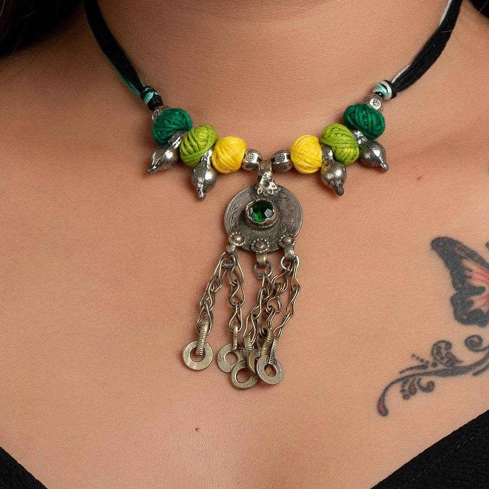 Handmade Afghani Necklace with Yellow Green Thread Balls & German Silver Beads - Lookandadorn.com