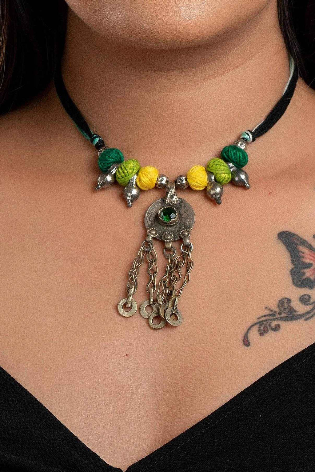 Handmade Afghani Necklace with Yellow Green Thread Balls & German Silver Beads - Lookandadorn.com