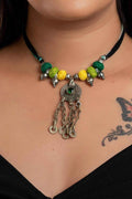 Handmade Afghani Necklace with Yellow Green Thread Balls & German Silver Beads - Lookandadorn.com