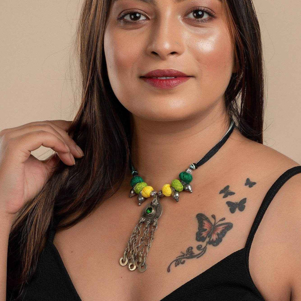 Handmade Afghani Necklace with Yellow Green Thread Balls & German Silver Beads - Lookandadorn.com