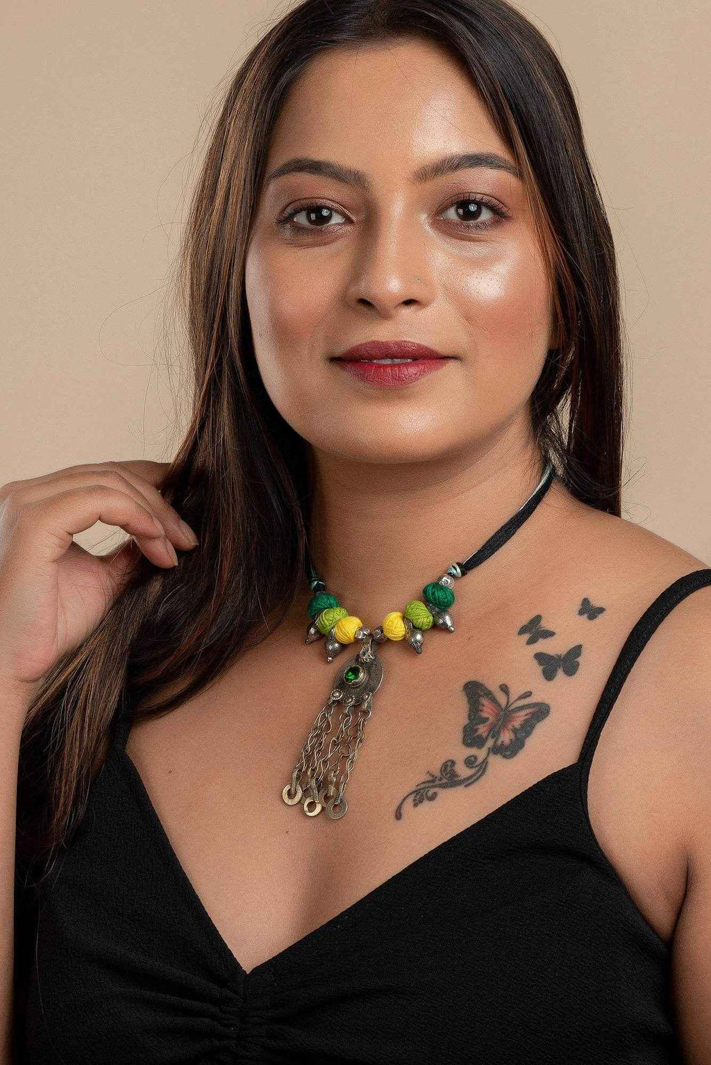 Handmade Afghani Necklace with Yellow Green Thread Balls & German Silver Beads - Lookandadorn.com