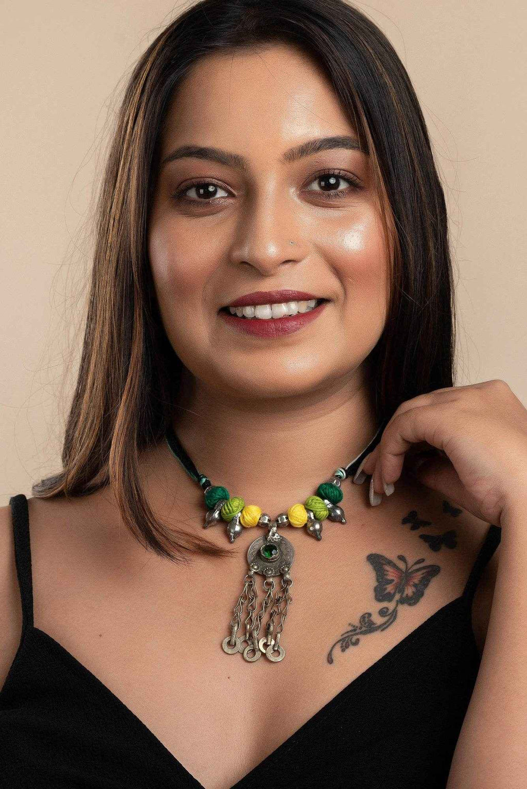 Handmade Afghani Necklace with Yellow Green Thread Balls & German Silver Beads - Lookandadorn.com