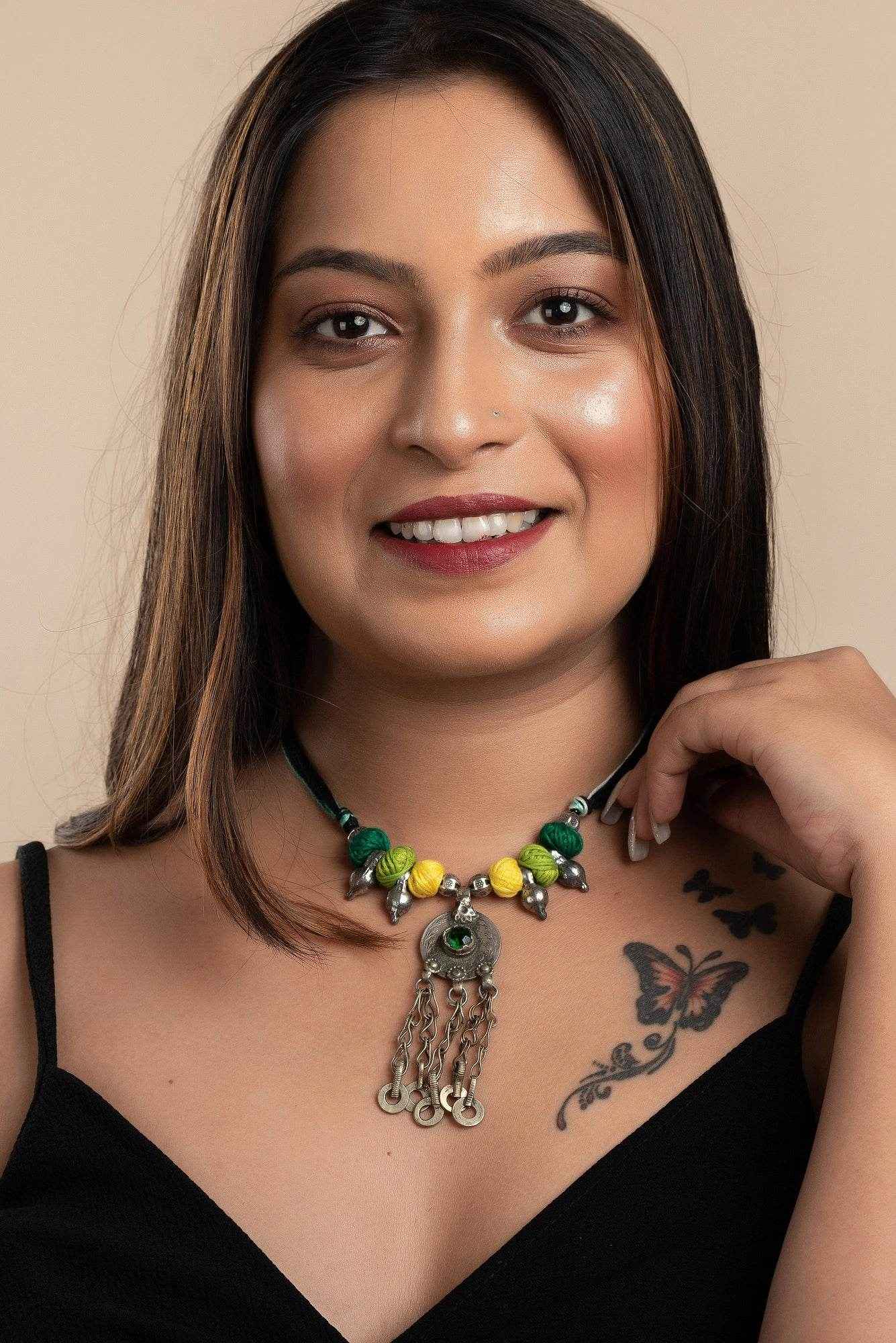 Handmade Afghani Necklace with Yellow Green Thread Balls & German Silver Beads - Lookandadorn.com