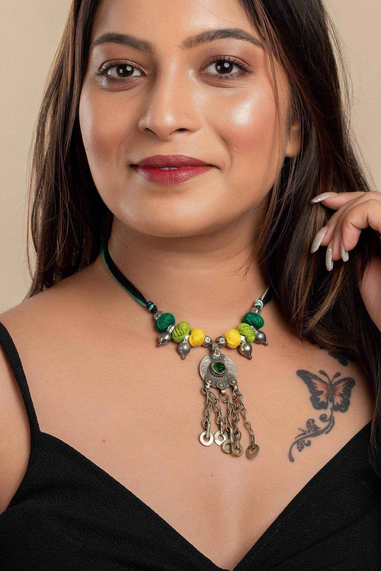 Handmade Afghani Necklace with Yellow Green Thread Balls & German Silver Beads - Lookandadorn.com