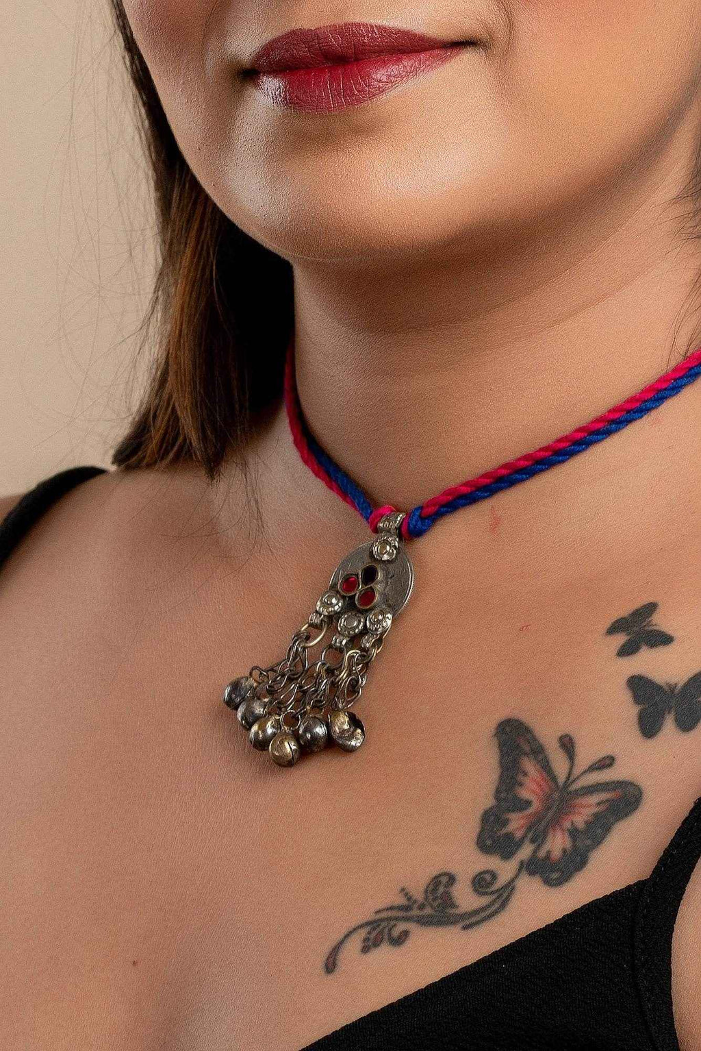 Lightweight Afghani Necklace - Unique Handmade Afghan Neckpiece with Adjustable Pink Blue Dori for Women - Lookandadorn.com