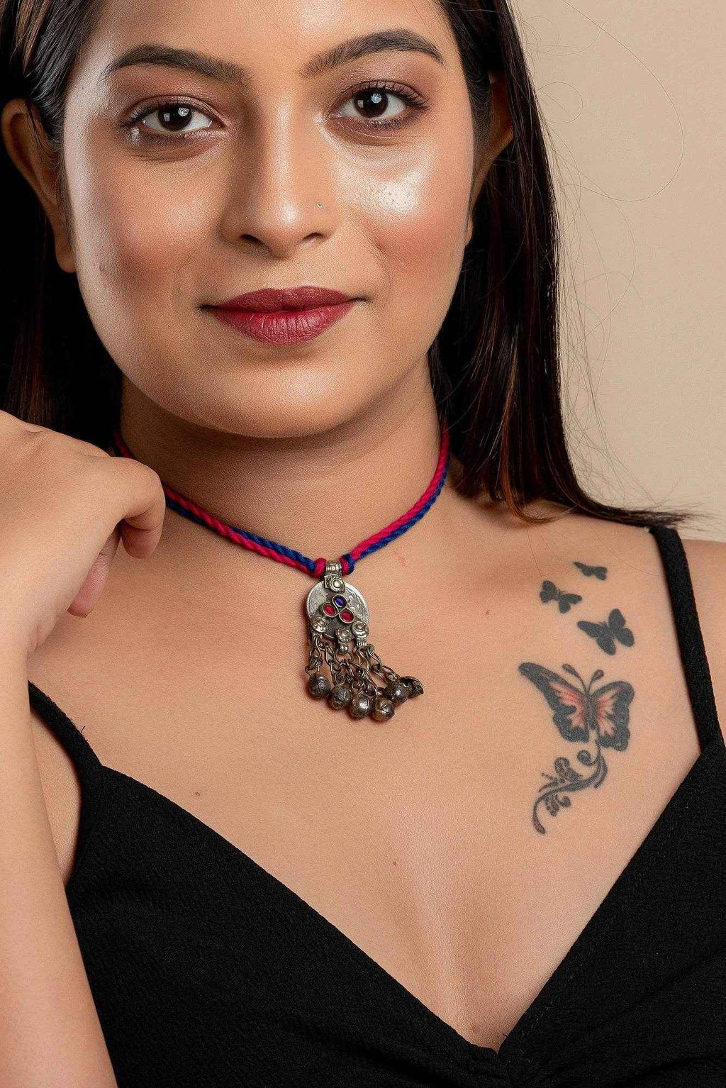 Lightweight Afghani Necklace - Unique Handmade Afghan Neckpiece with Adjustable Pink Blue Dori for Women - Lookandadorn.com