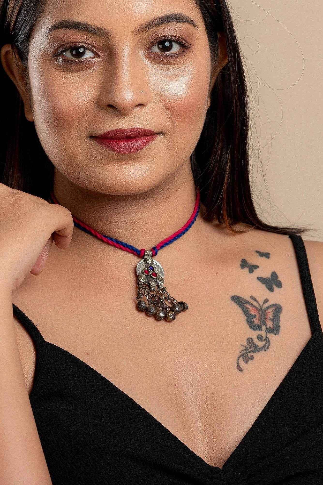 Lightweight Afghani Necklace - Unique Handmade Afghan Neckpiece with Adjustable Pink Blue Dori for Women - Lookandadorn.com