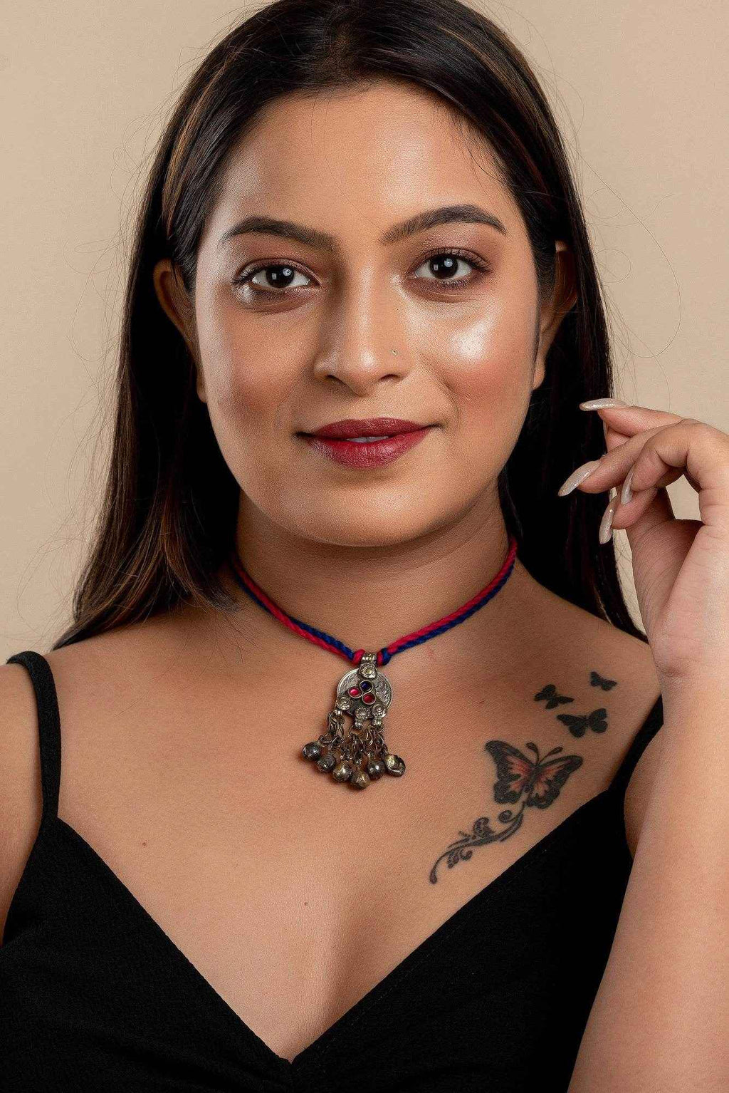 Lightweight Afghani Necklace - Unique Handmade Afghan Neckpiece with Adjustable Pink Blue Dori for Women - Lookandadorn.com