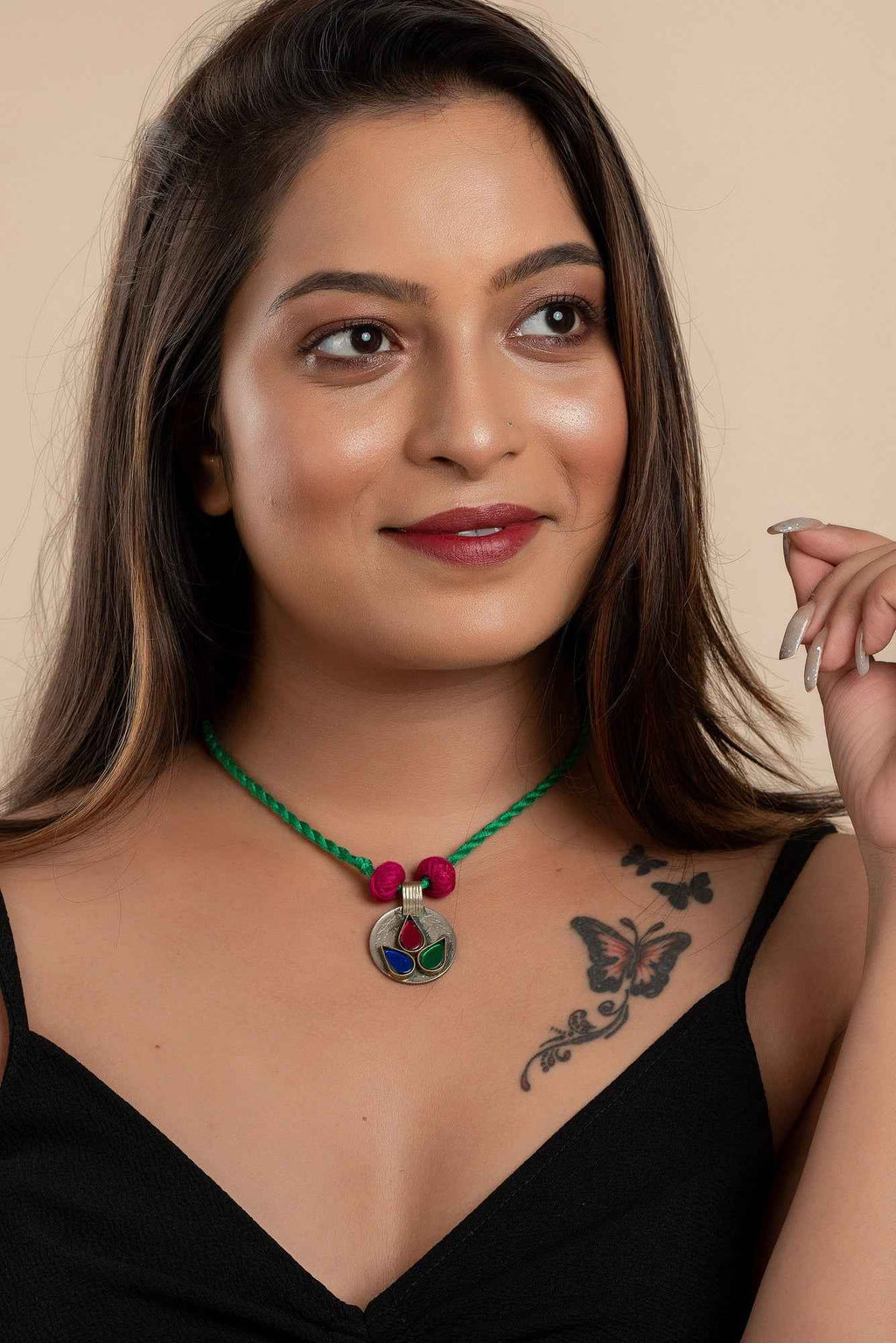 Authentic Afghani Necklace with Pink Thread Beads & Adjustable Green Dori for Unique Style