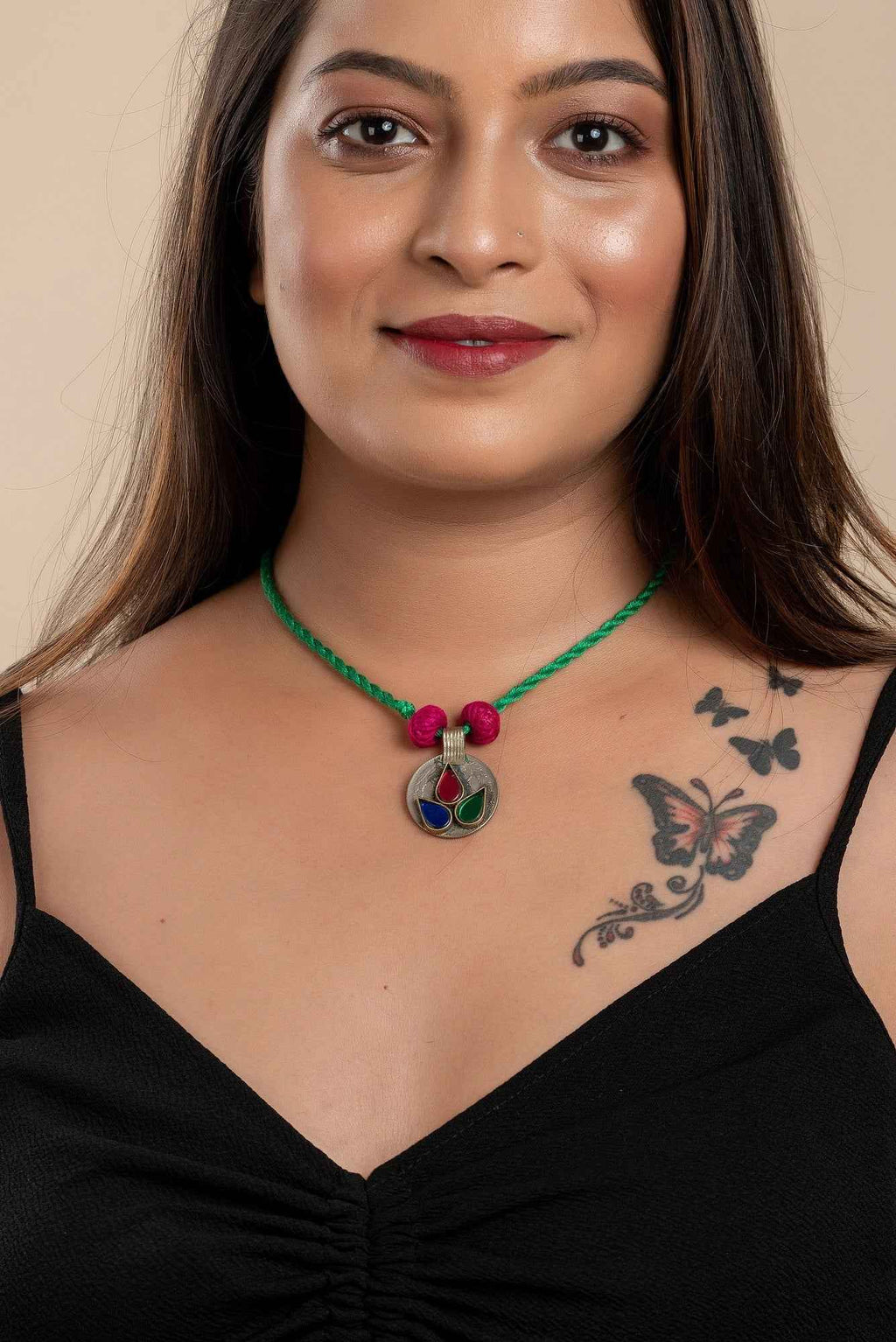 Authentic Afghani Necklace with Pink Thread Beads & Adjustable Green Dori for Unique Style