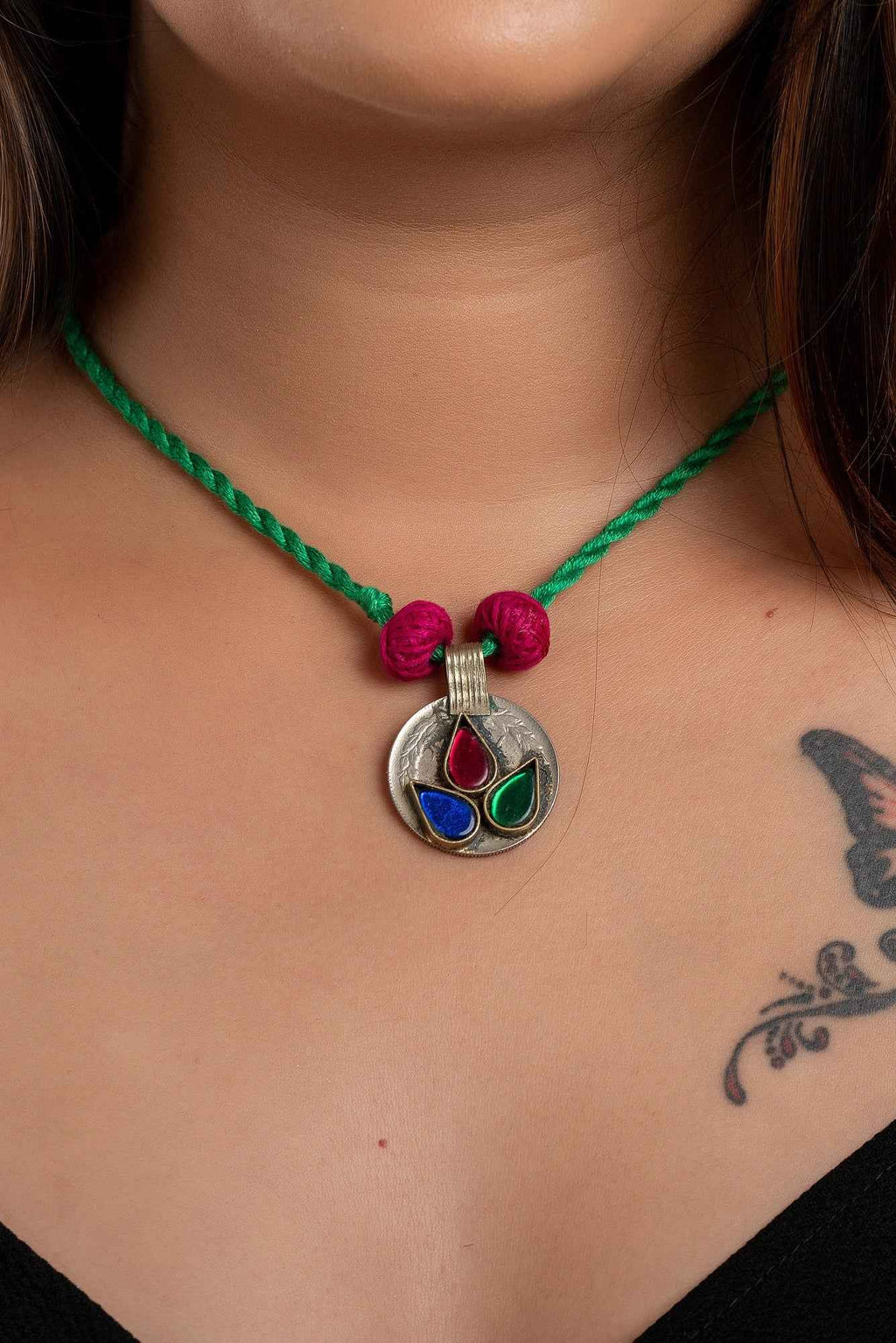 Authentic Afghani Necklace with Pink Thread Beads & Adjustable Green Dori for Unique Style