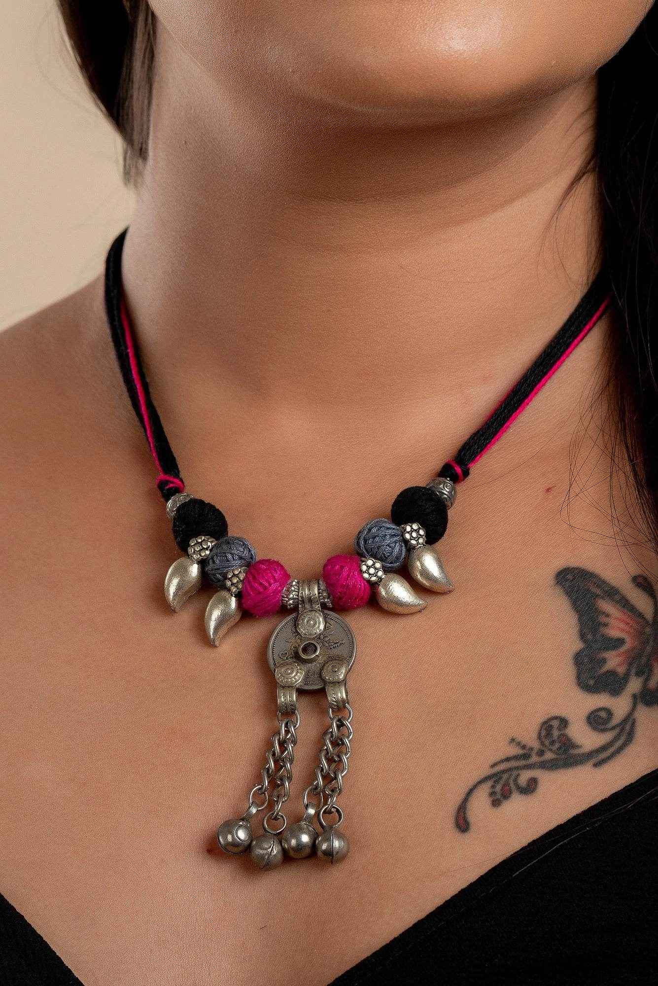 Handmade Afghani Necklace - Authentic Pendant with German Silver Mango Charms & Adjustable Thread Beads - Lookandadorn.com