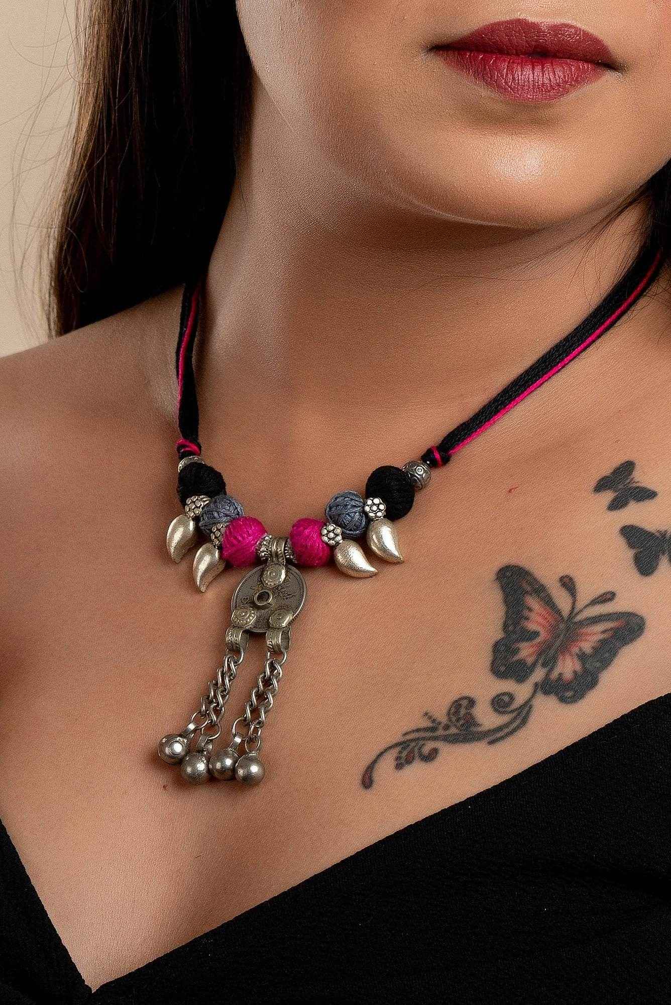 Handmade Afghani Necklace - Authentic Pendant with German Silver Mango Charms & Adjustable Thread Beads - Lookandadorn.com