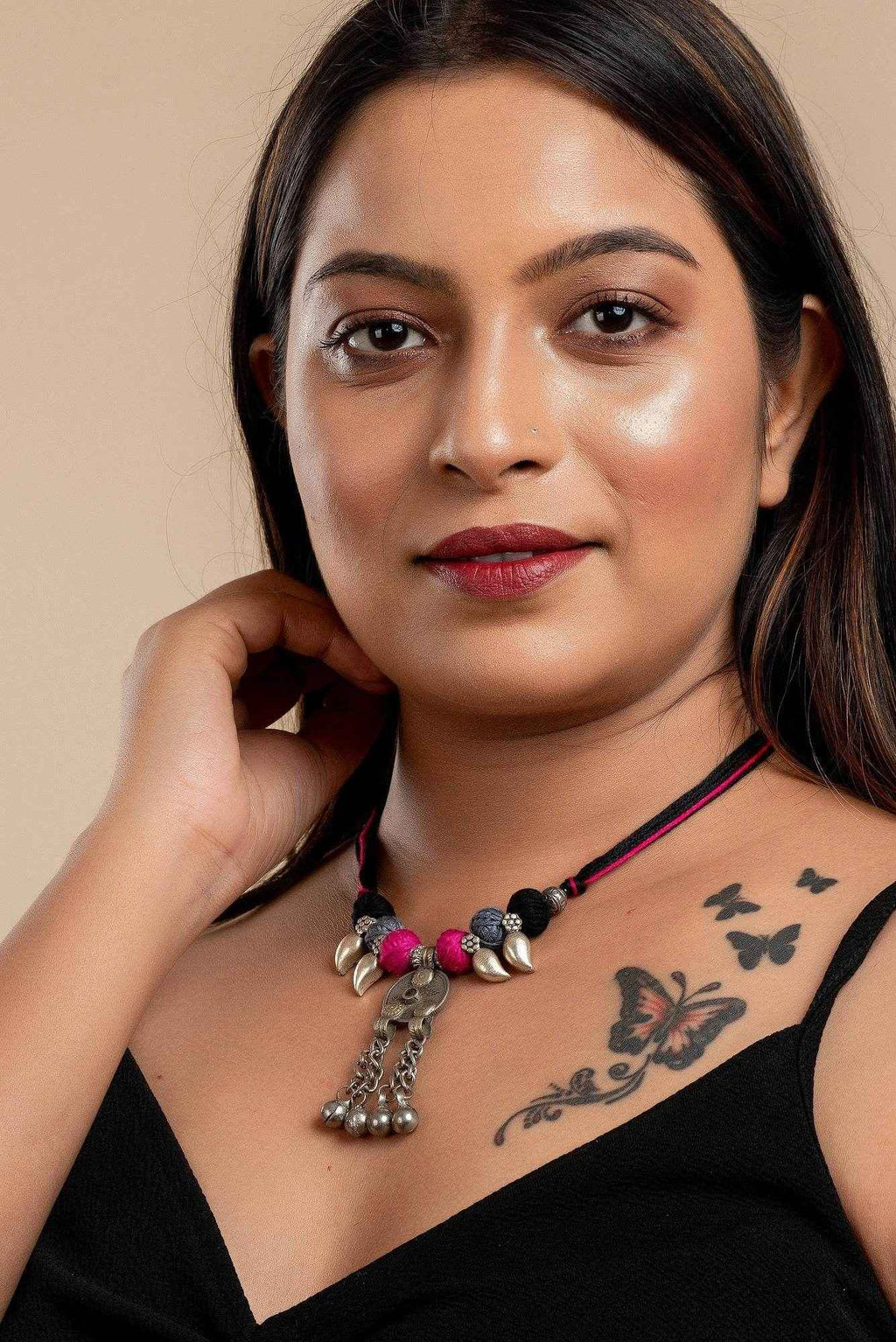 Handmade Afghani Necklace - Authentic Pendant with German Silver Mango Charms & Adjustable Thread Beads - Lookandadorn.com