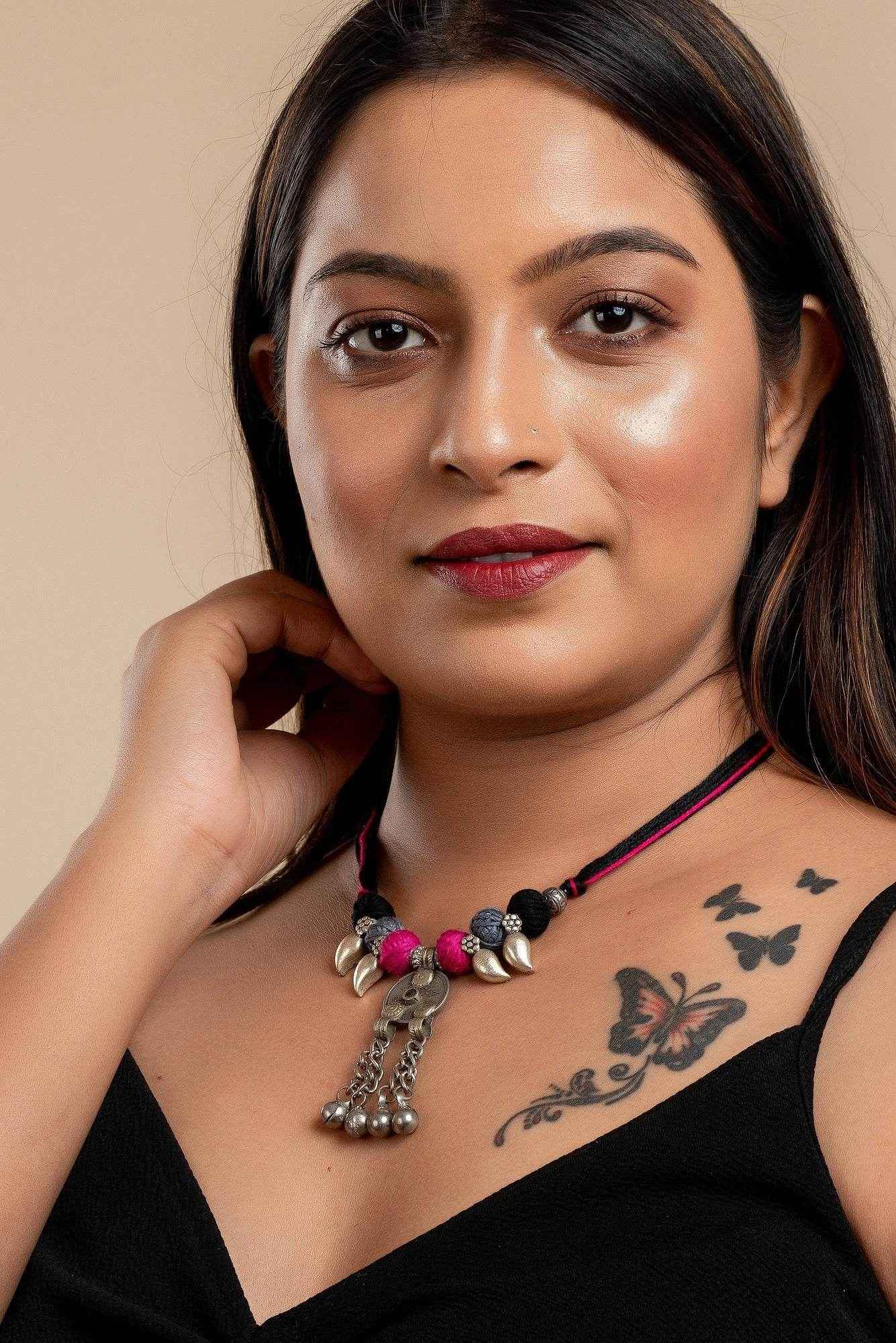 Handmade Afghani Necklace - Authentic Pendant with German Silver Mango Charms & Adjustable Thread Beads - Lookandadorn.com