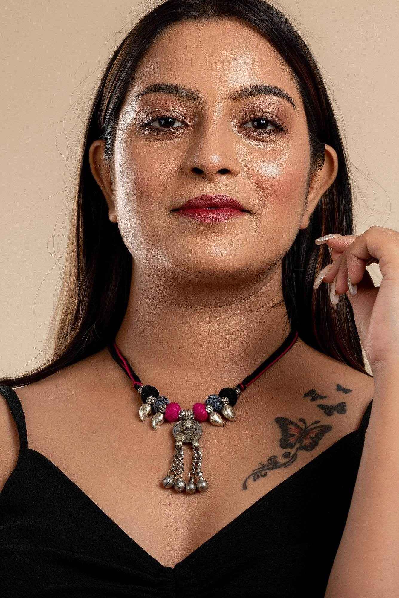 Handmade Afghani Necklace - Authentic Pendant with German Silver Mango Charms & Adjustable Thread Beads - Lookandadorn.com