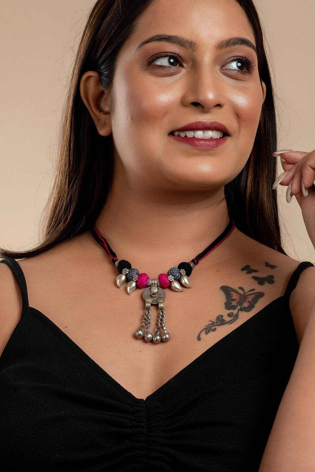 Handmade Afghani Necklace - Authentic Pendant with German Silver Mango Charms & Adjustable Thread Beads - Lookandadorn.com
