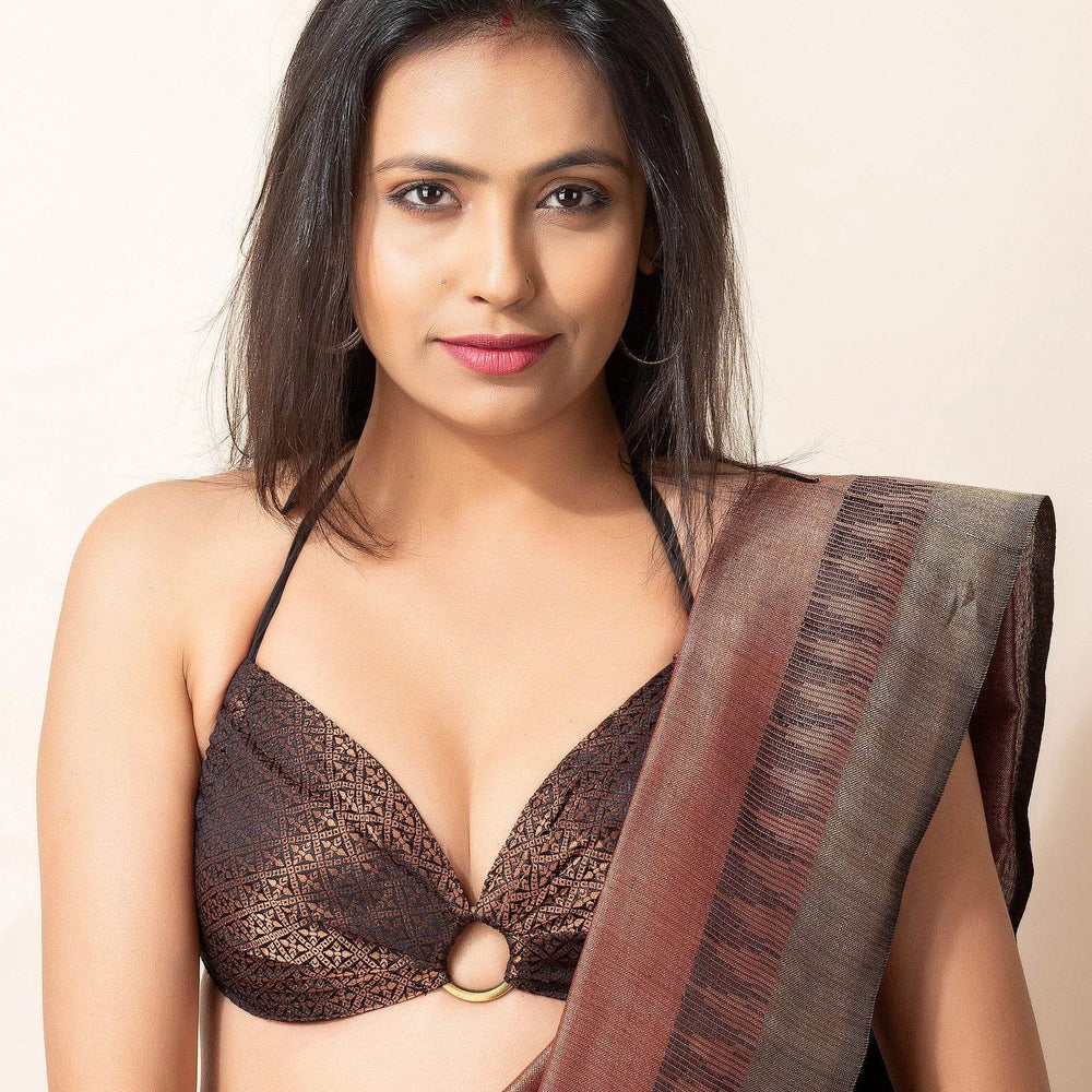 Designer Black Brocade Fabric Backless Halter Neck Bikini Blouse, Non-Padded - Lookandadorn.com