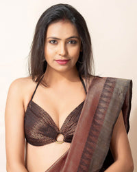 Designer Black Brocade Fabric Backless Halter Neck Bikini Blouse, Non-Padded - Lookandadorn.com