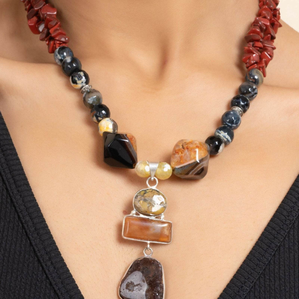 Handmade Black Brown Semi-Precious Stone Jewelry Set with Agate Onyx Chips Necklace and Earrings - Lookandadorn.com