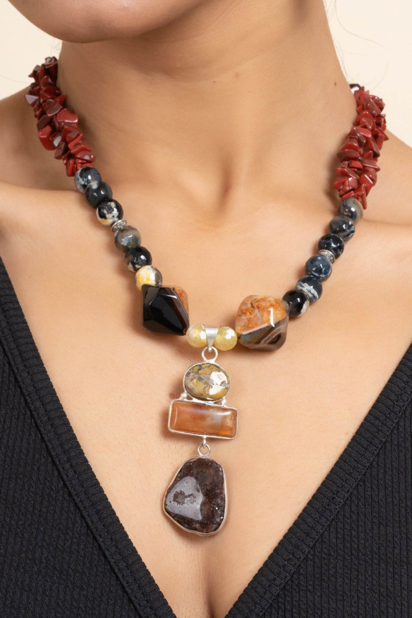 Handmade Black Brown Semi-Precious Stone Jewelry Set with Agate Onyx Chips Necklace and Earrings - Lookandadorn.com