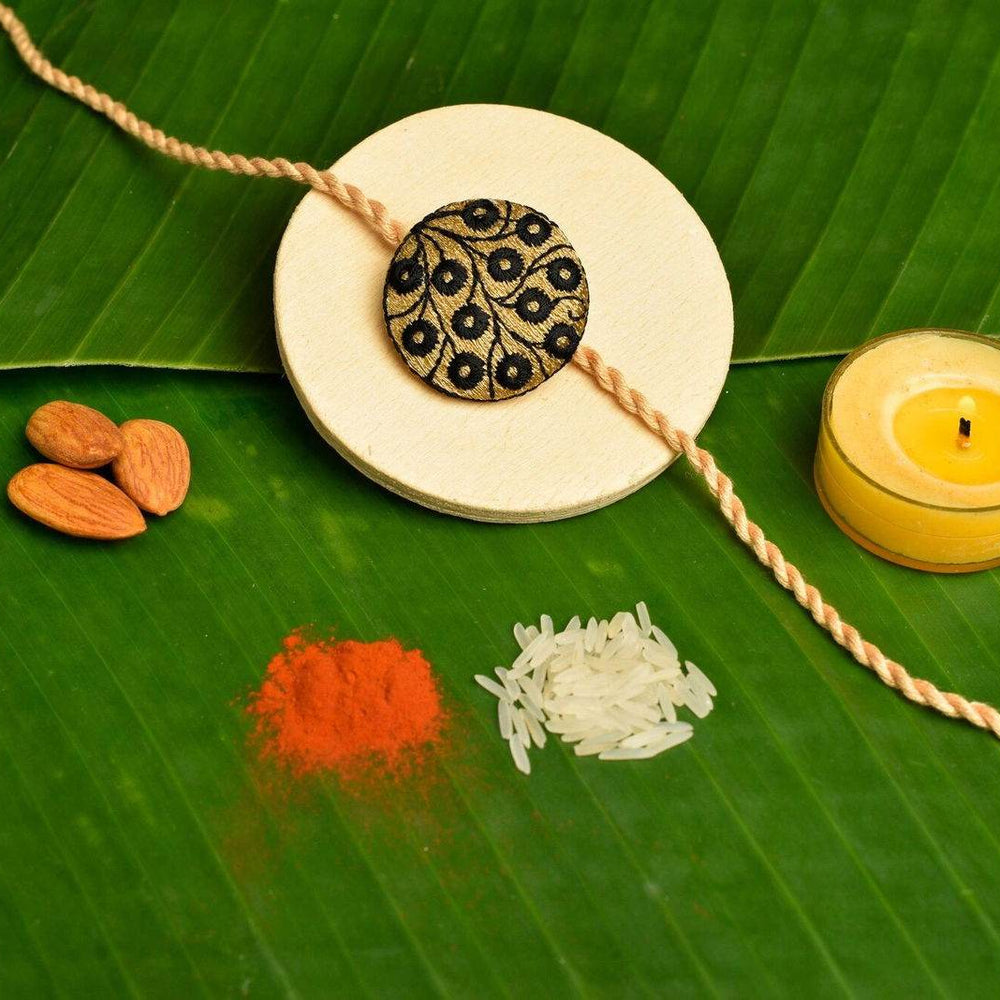 Black And Golden Handmade Designer Embroidery Rakhi With Roli And Chawal - Unique Gift For Brothers - Lookandadorn.com