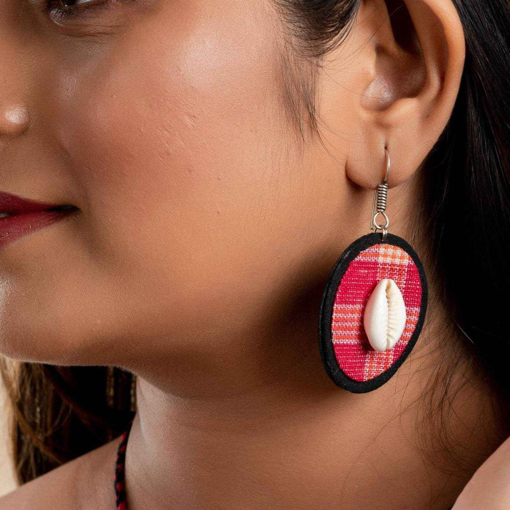 Handmade Black And Red Gamcha Fabric Cowrie Earrings - Non-Allergic, Perfect For Gifting - Lookandadorn.com